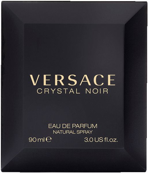 Schwarzer Karton mit goldener Schrift. Aufschrift VERSACE CRYSTAL NOIR. Eau de Parfum, Natural Spray.
