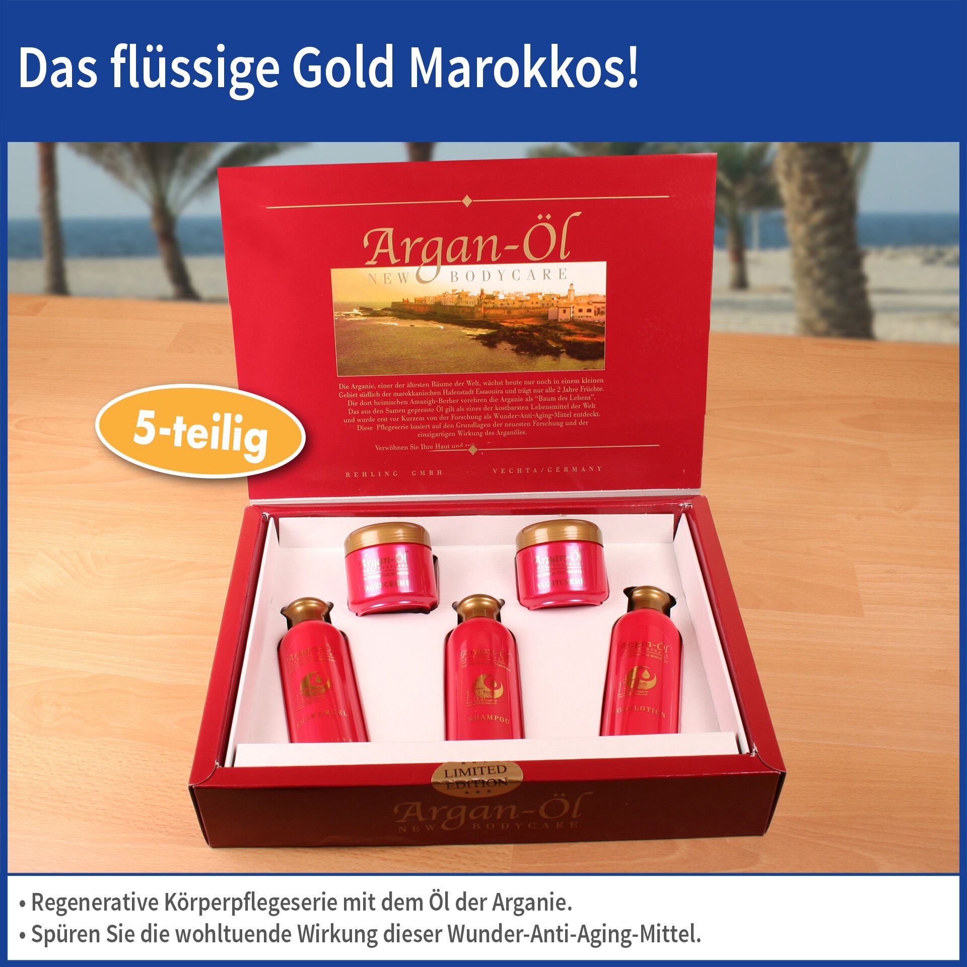 Rotes Geschenkset mit fünf Pflegeprodukten. Deckel mit Aufdruck, darunter Behälter und Flaschen.