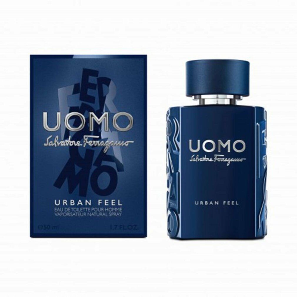 Dunkelblaue Flasche und Schachtel. Aufschrift: UOMO Salvatore Ferragamo, Urban Feel. 50 ml.