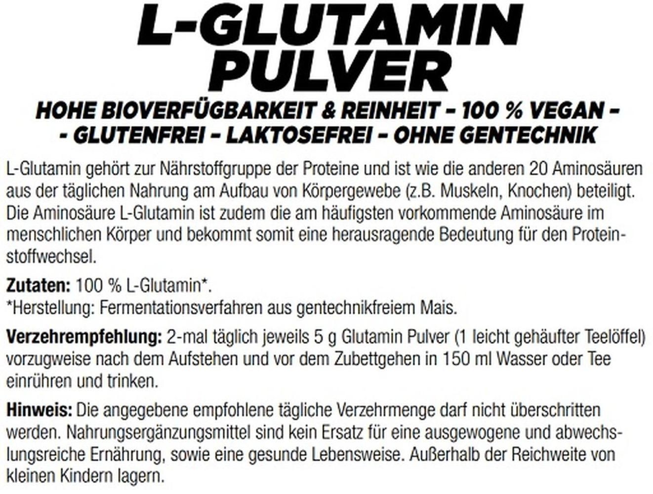 Schwarzes Etikett mit weißer Schrift. Text: L-Glutamin Pulver, Hohe Bioverfügbarkeit & Reinheit, 100% Vegan, Glutenfrei, Laktosefrei, Ohne Gentechnik.