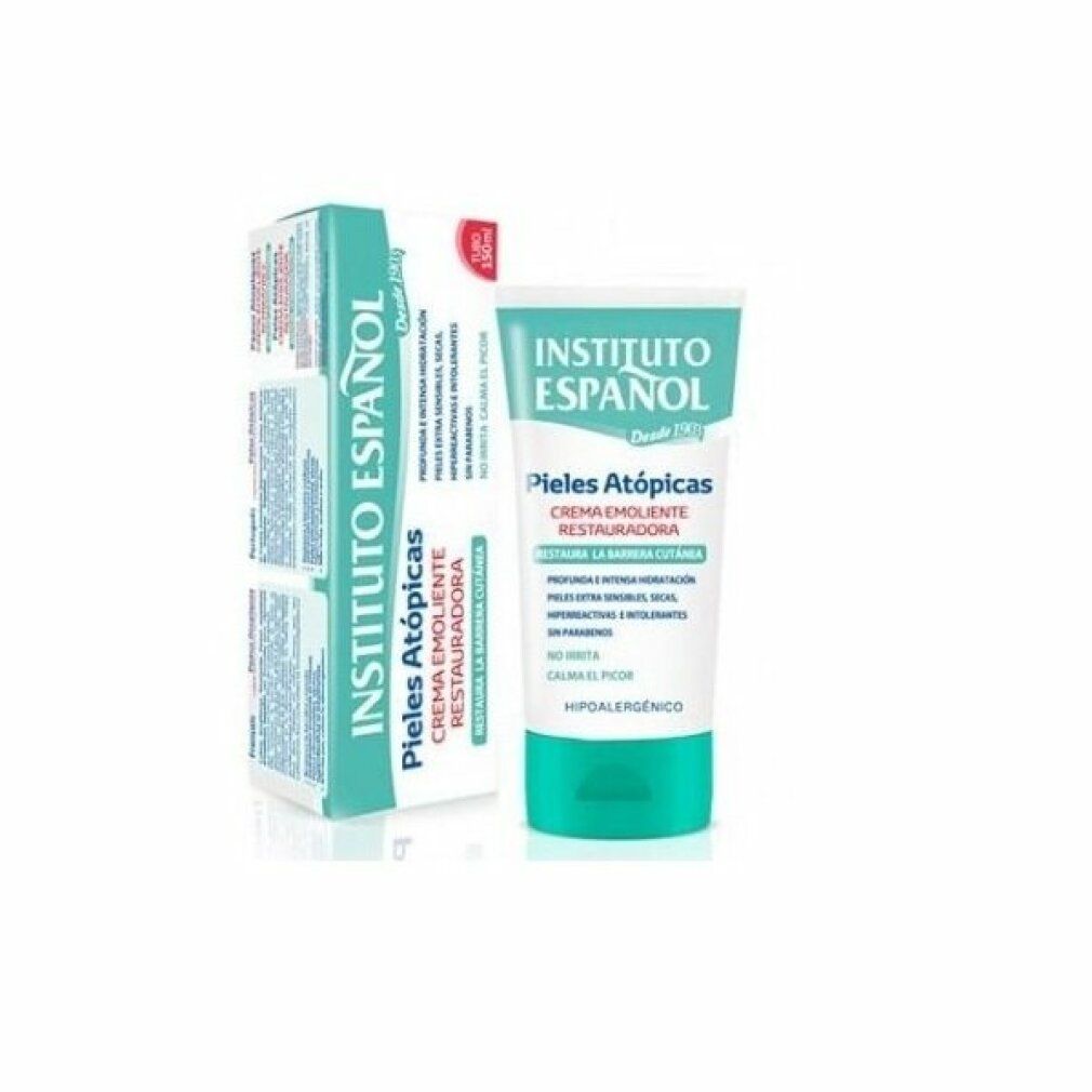 Creme und Verpackung. Tube mit grünem Deckel. Aufschrift: Instituto Español, Pieles Atópicas, Creme Emolliente Restitutiva. Verpackung.