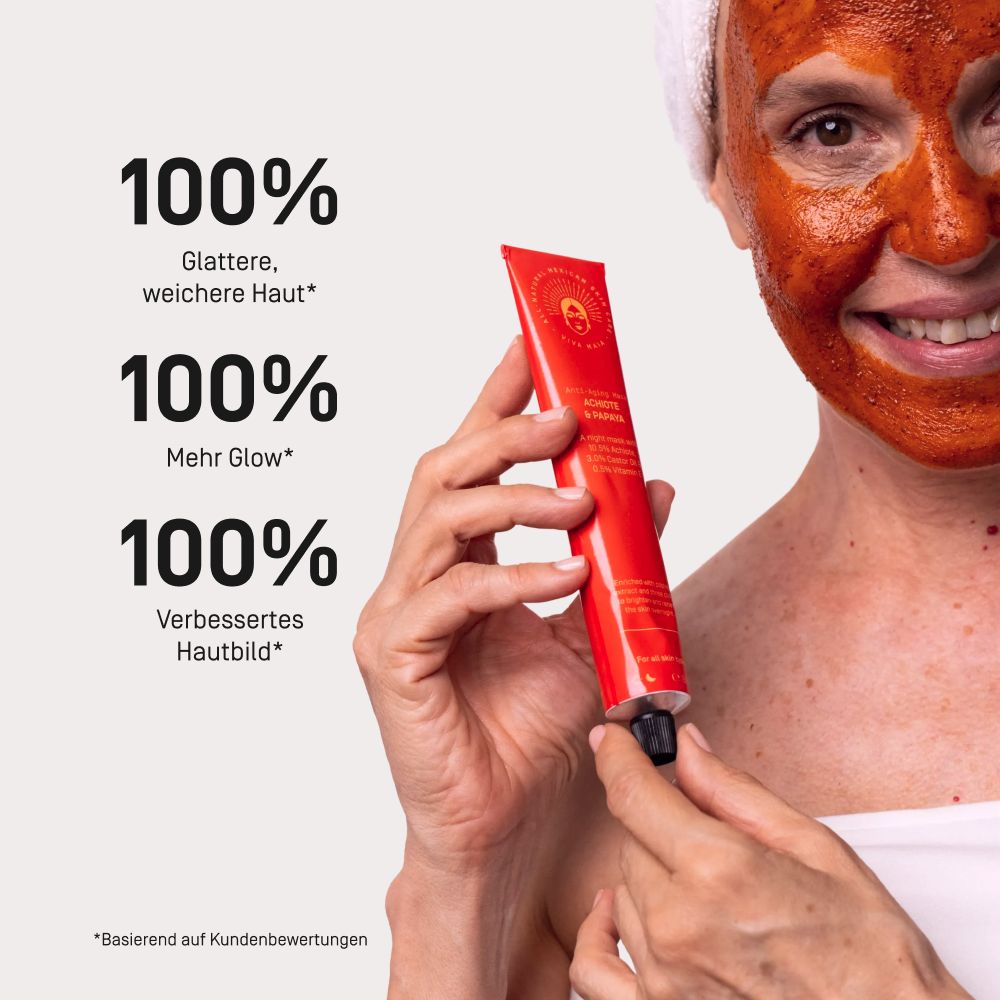 Frau mit Gesichtsmaske hält Viva Maia Tube. Text: 100% glattere Haut, mehr Glow, verbessertes Hautbild.