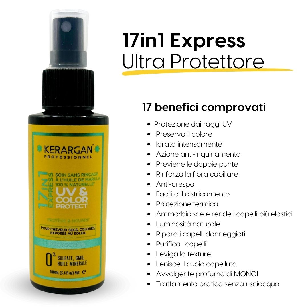 Kerargan Tonico UV & Color Protect. Flacone giallo con vaporizzatore. Testo: 17in1 Express UV & Color Protect. Vantaggi elencati.
