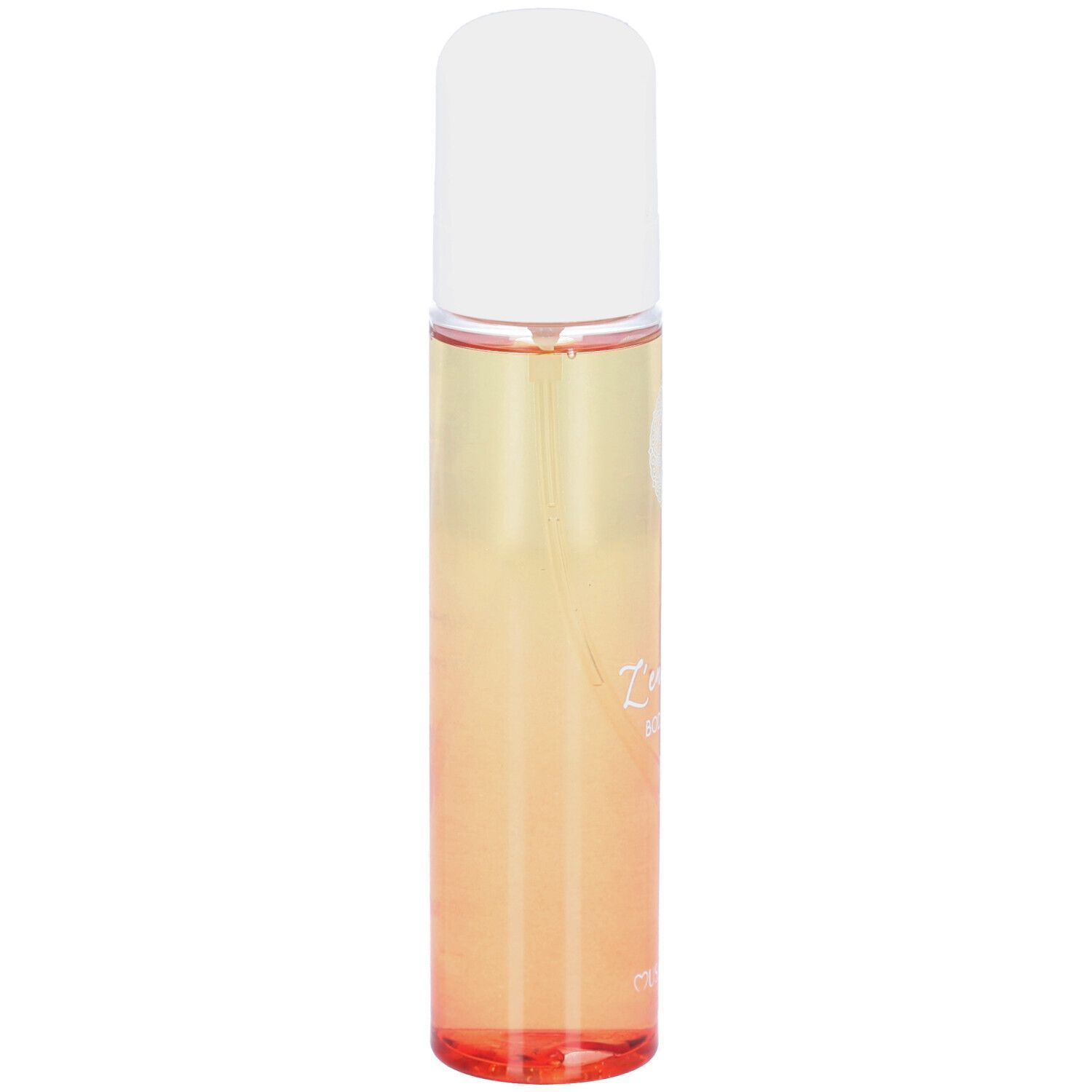 Körperparfum in einem zylindrischen Zerstäuber mit weißem Verschluss. Farbverlauf von Gelb zu Orange.