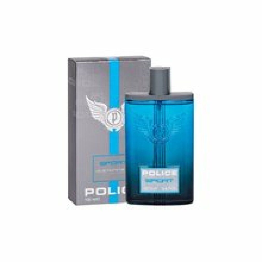 Eau de Toilette Spray mit Verpackung. Flakon blau, rechteckig, mit grauem Verschluss. Verpackung grau mit blauem Streifen und Logo.