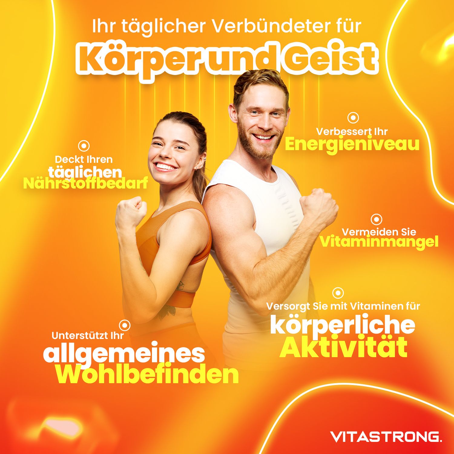 Mann und Frau stehen Rücken an Rücken. Text. Unterstützt Wohlbefinden, deckt Nährstoffbedarf, verbessert Energie, Vitamine.