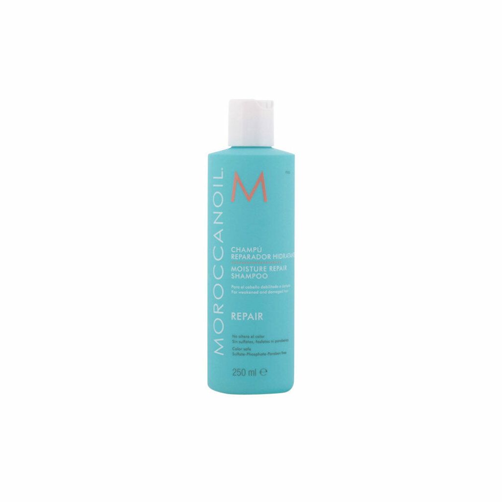 Türkisfarbene Shampoo-Flasche mit weißem Deckel. Aufschrift: Moroccanoil, Moisture Repair Shampoo, Repair. 250 ml.