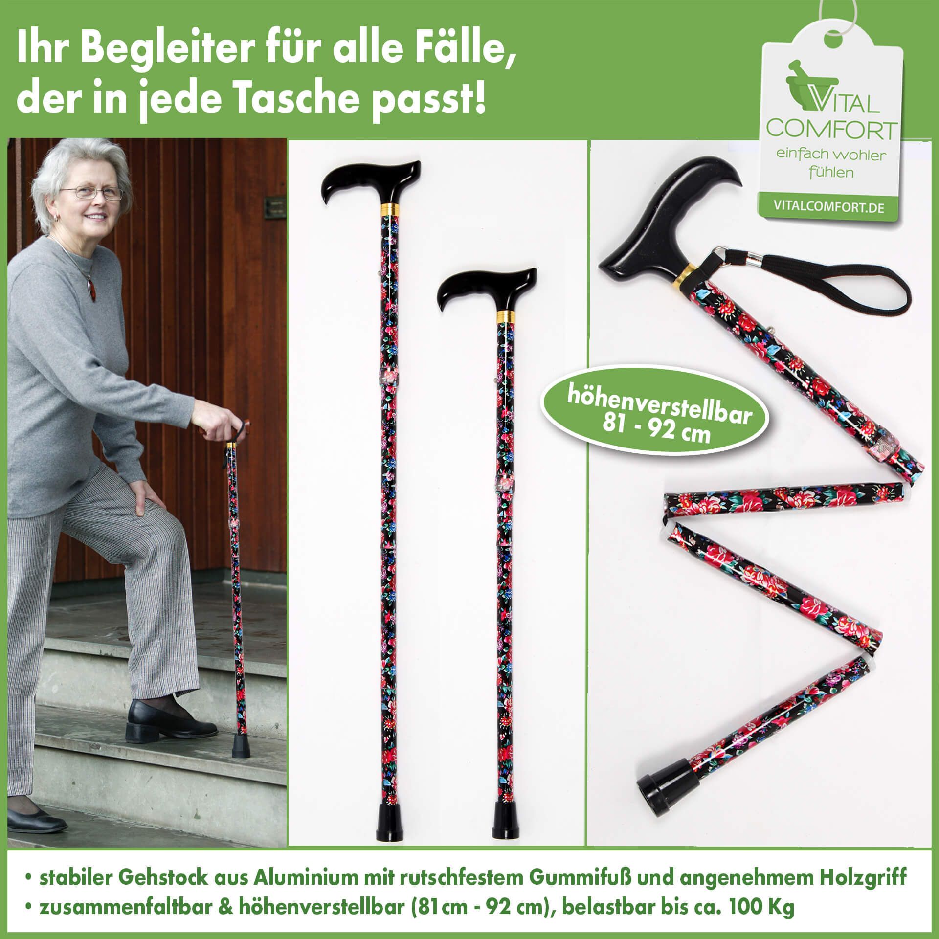 Vital Comfort faltbarer Aluminium Reisestock, Spazierstock höhenverstellbar 81 cm - 92 1 St