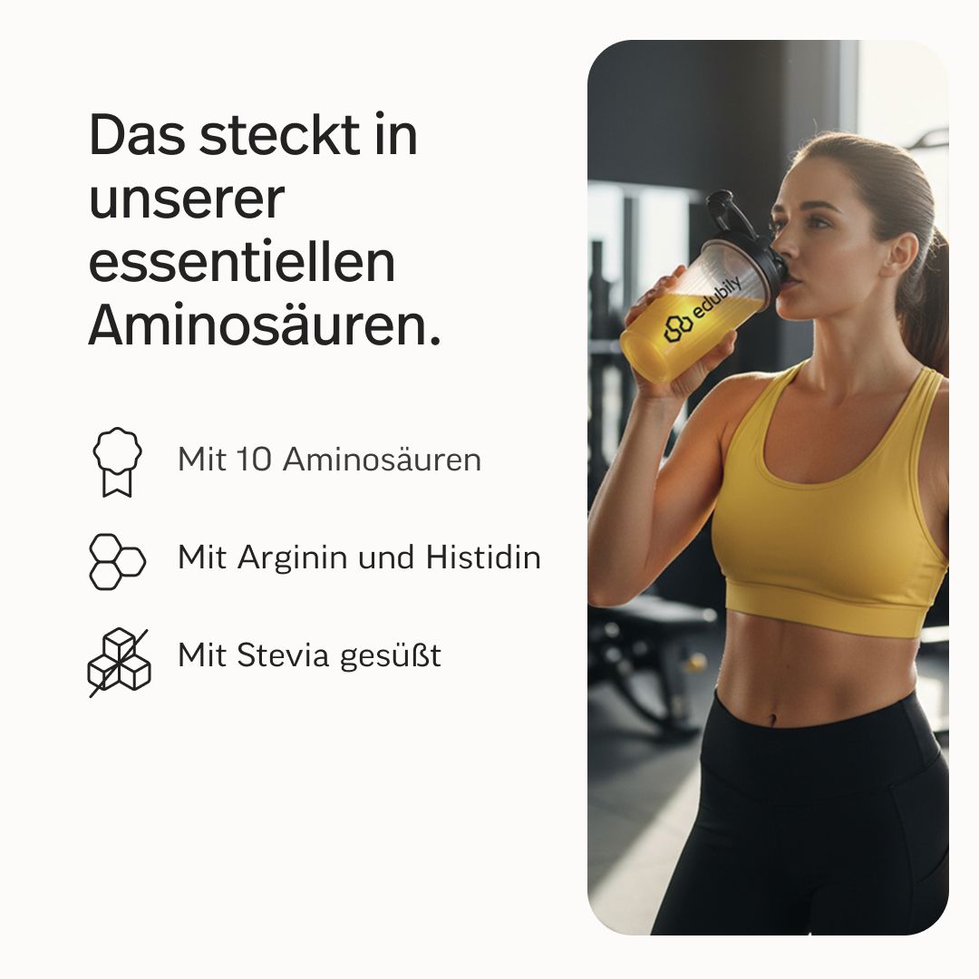 Frau trinkt aus einem Shaker mit dem Logo 'edubily'. Text: Das steckt in unserer essentiellen Aminosäuren. Mit 10 Aminosäuren, Arginin, Histidin, Stevia gesüßt.