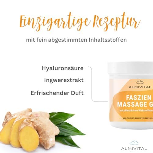 ALMIVITAL Faszien Massage Gel neben Ingwer und Blättern. Text: Einzigartige Rezeptur, Hyaluronsäure, Ingwerextrakt, erfrischender Duft.
