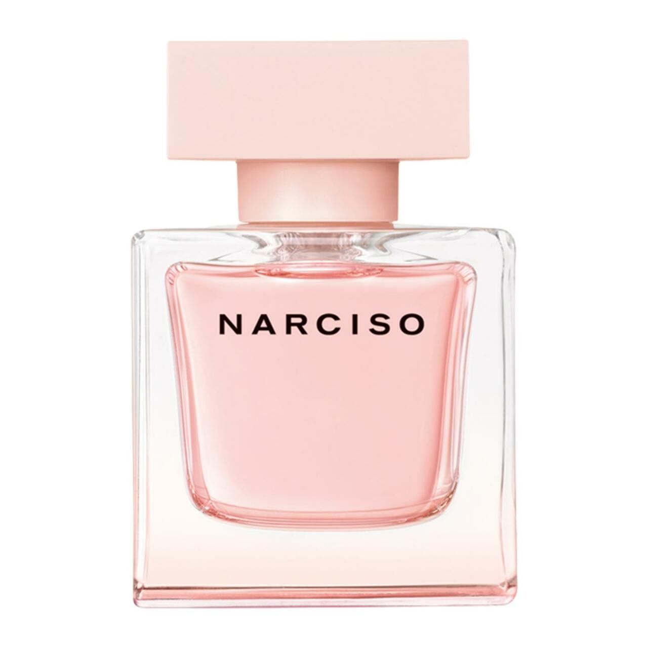 Quadratischer, rosa Glasflakon mit rosa Verschluss. Aufschrift: Narciso.