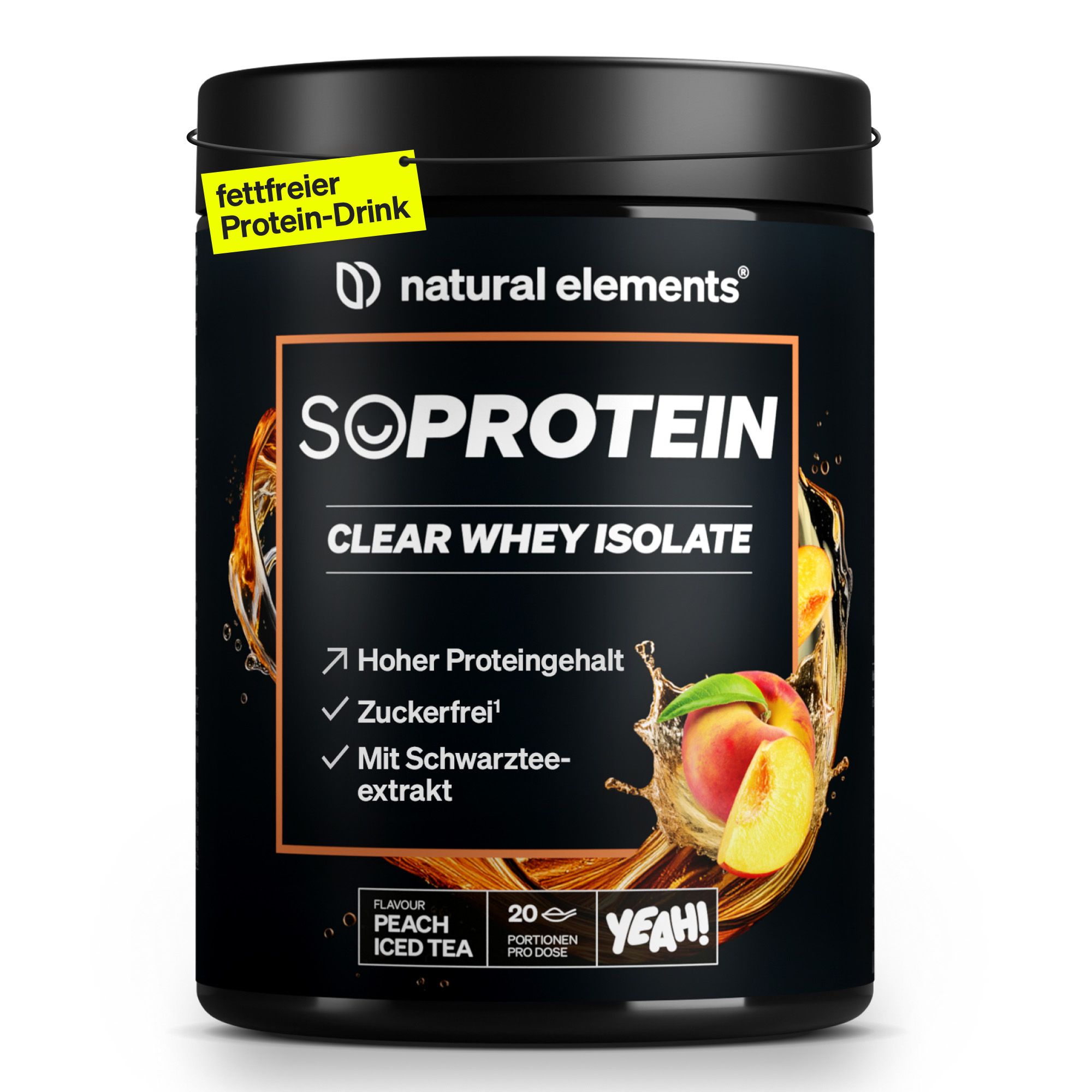 Schwarze Dose mit Text: SoProtein Clear Whey Isolate, Pfirsich-Eistee. Hoher Proteingehalt, zuckerfrei, mit Schwarztee-Extrakt. 20 Portionen.