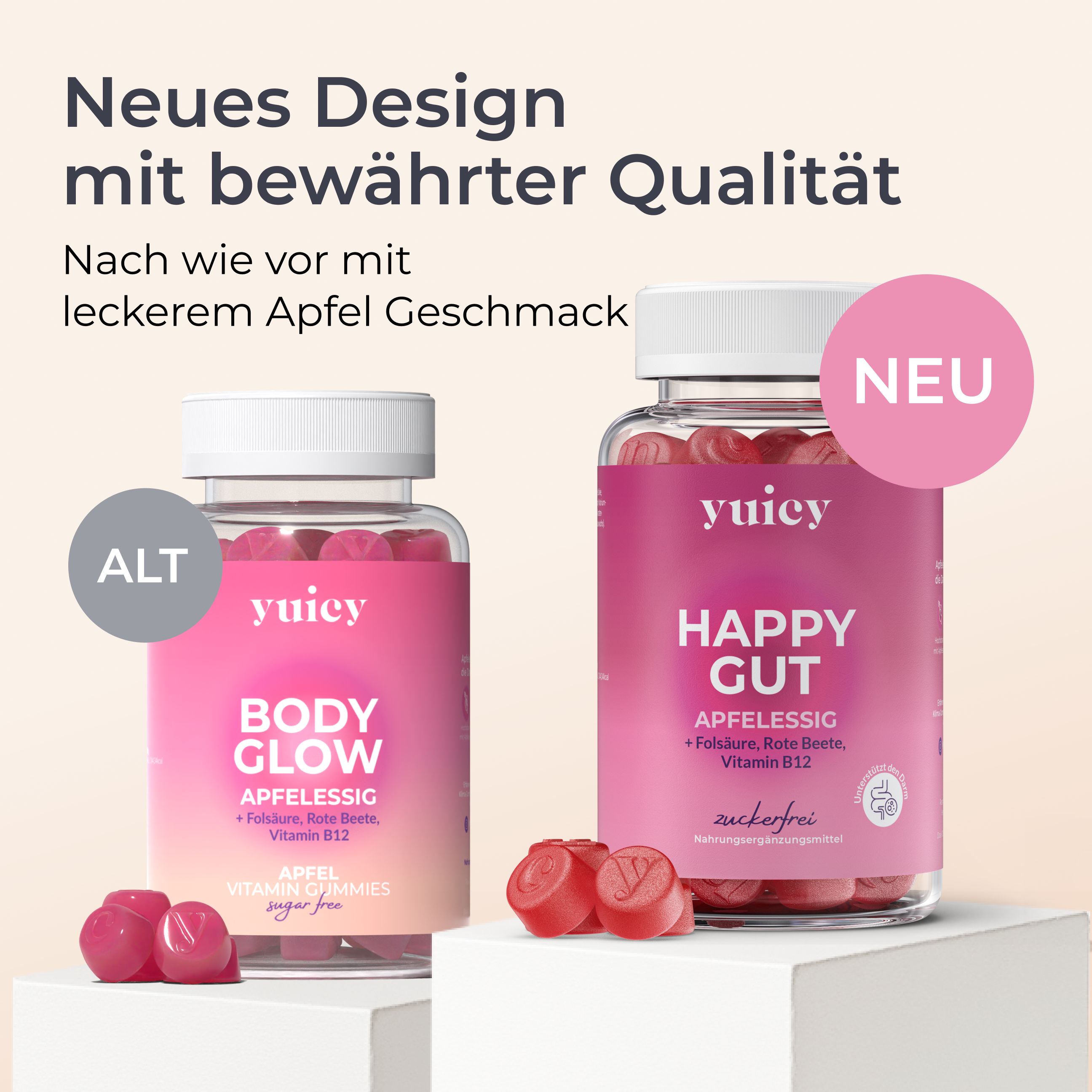 Vergleich: yuicy® Body Glow und Happy Gut. Beide Flaschen mit Gummis. Text: Apfelessig, Vitamin B12.