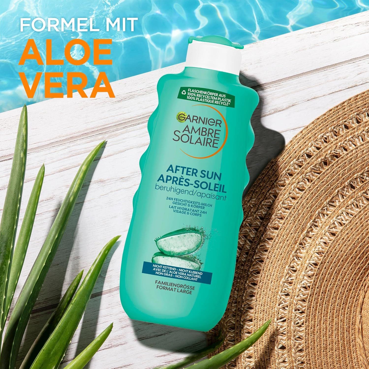 Garnier Ambre Solaire After Sun. Grüne Flasche mit Aloe Vera. Text: Beruhigend, 24h Feuchtigkeit, nicht klebend, Familiengröße.