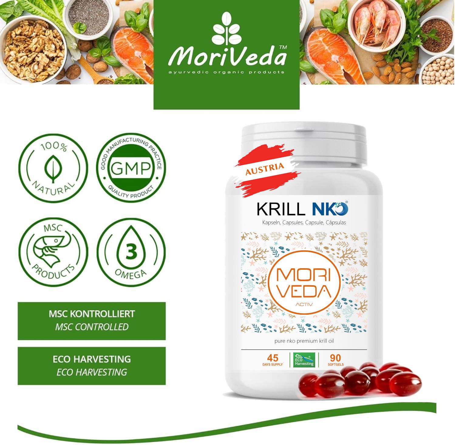 Produktflasche mit Krill NKO Kapseln, daneben Kapseln. Logos: 100% natürlich, GMP, MSC, Omega 3. Mit Österreich-Siegel.
