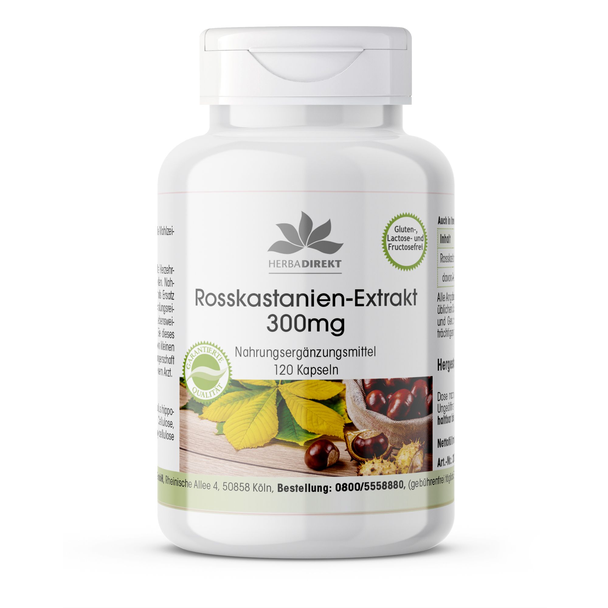 Weiße Flasche mit Kapseln. Aufschrift: Rosskastanien-Extrakt 300mg, 120 Kapseln. Logo: Herbadirekt. Gluten-, Laktose- und Fructosefrei.