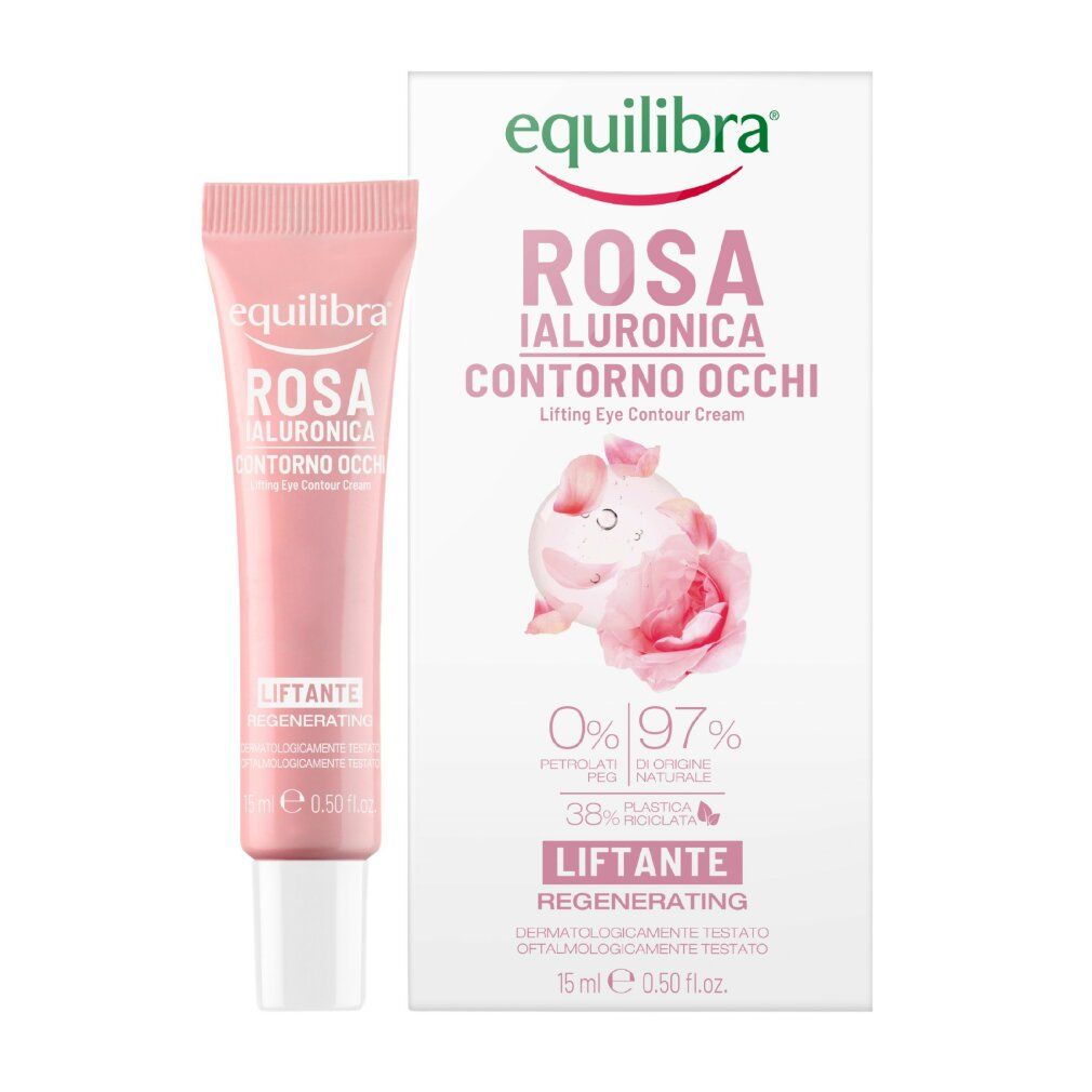 Rosa Ialuronica Contour Eye Cream Tube und Verpackung. Text: Equilibra, Rosa Ialuronica, Contorno Occhi, Lifting Eye Contour Cream.