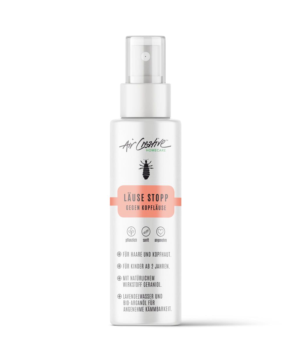 Air Creative Kopfhautspray. Weißes Spray mit Sprühkopf. Aufschrift: Läuse Stopp gegen Kopfläuse. Für Haare und Kopfhaut, für Kinder ab 2 Jahren.