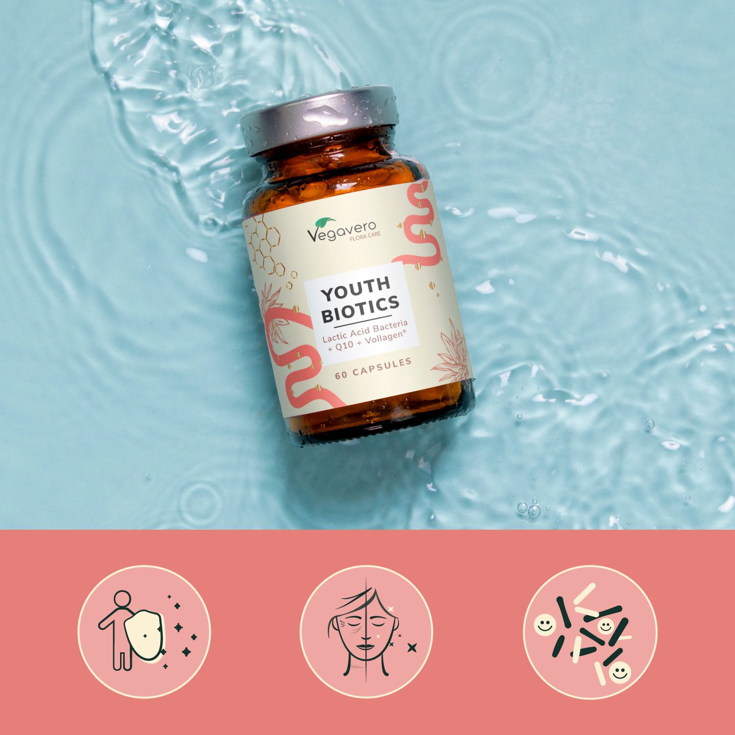 Braune Flasche "Youth Biotics" in Wasser. Logo Vegavaro. 60 Kapseln. Icons: Immunsystem, Gesicht, Bakterien.