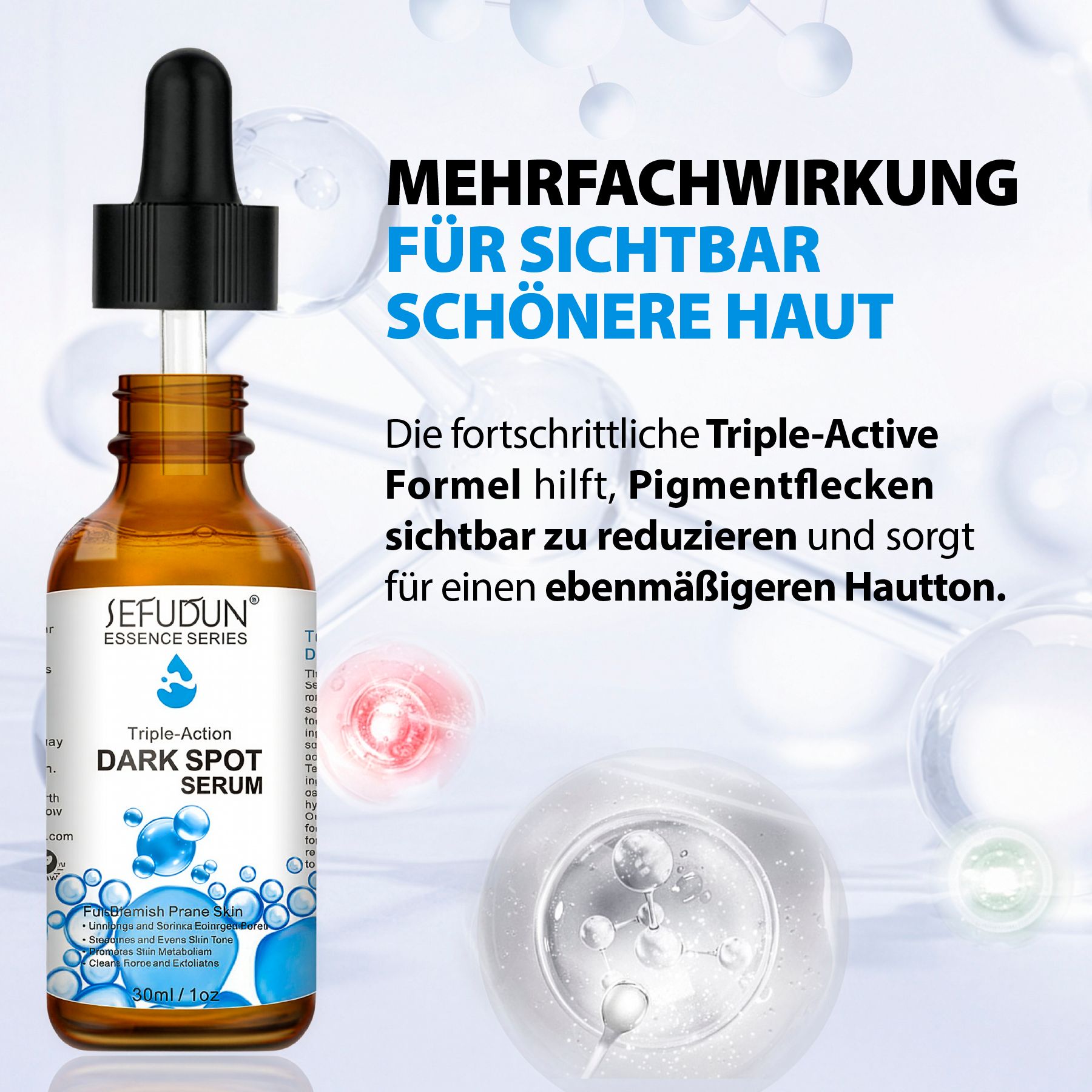 Braune Glasflasche mit Pipettenverschluss, Etikett mit "SEFUDUN Triple-Action DARK SPOT SERUM" und 30ml Angabe.