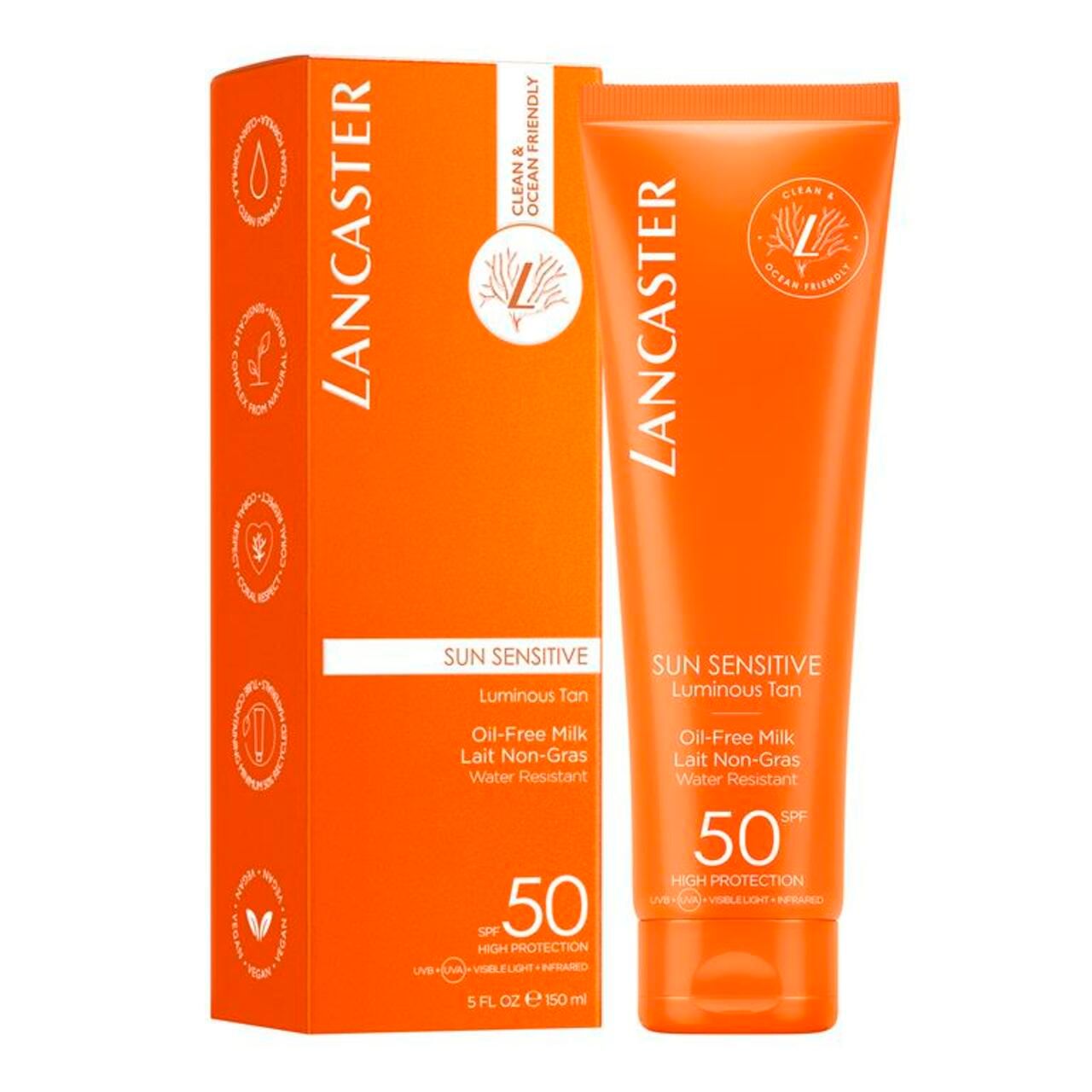 Produktverpackung: Tube und Schachtel. Orange mit Lancaster-Logo, Produktname und SPF 50. Clean & Ocean Friendly.