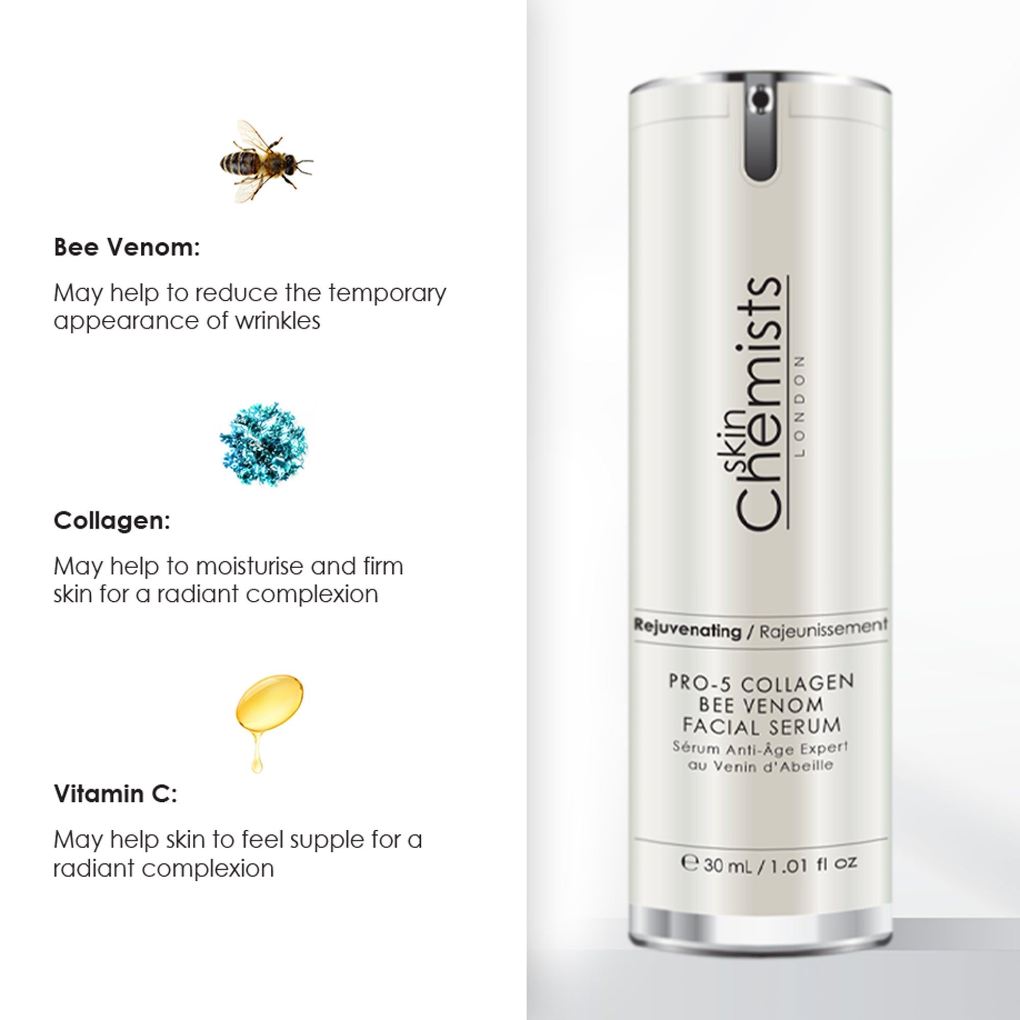 Serumflasche mit Inhaltsstoff-Illustrationen. Aufschrift: skinChemists London, Pro-5 Collagen Bee Venom Facial Serum. 30 ml / 1.01 fl oz.