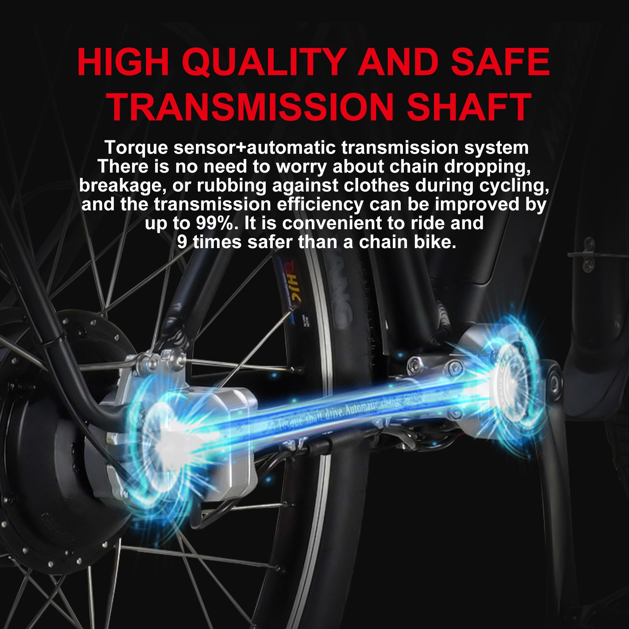 Nahaufnahme des Antriebsstrangs eines Elektrofahrrads. Text: Drehmomentsensor + automatisches Getriebesystem, bis zu 99% Effizienz.