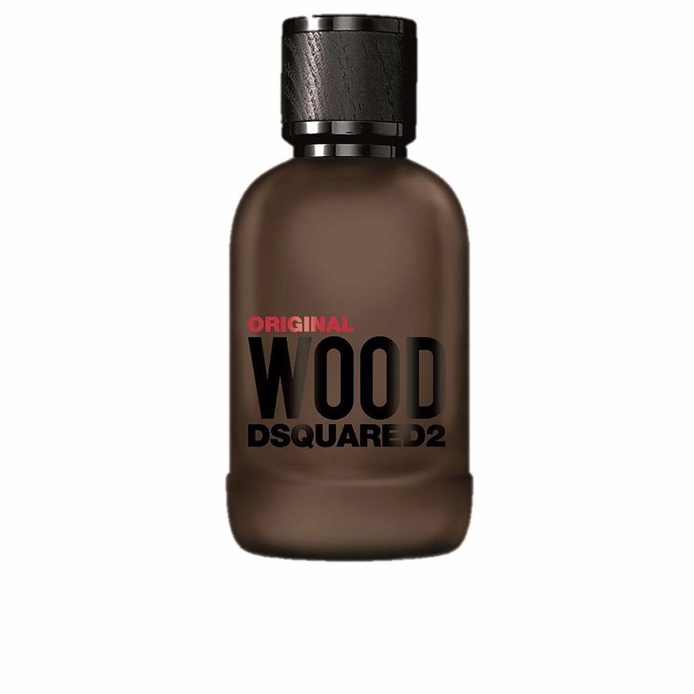 Braune Parfümflasche. Aufschrift: Original Wood Dsquared2. EdP Nat. Spray.