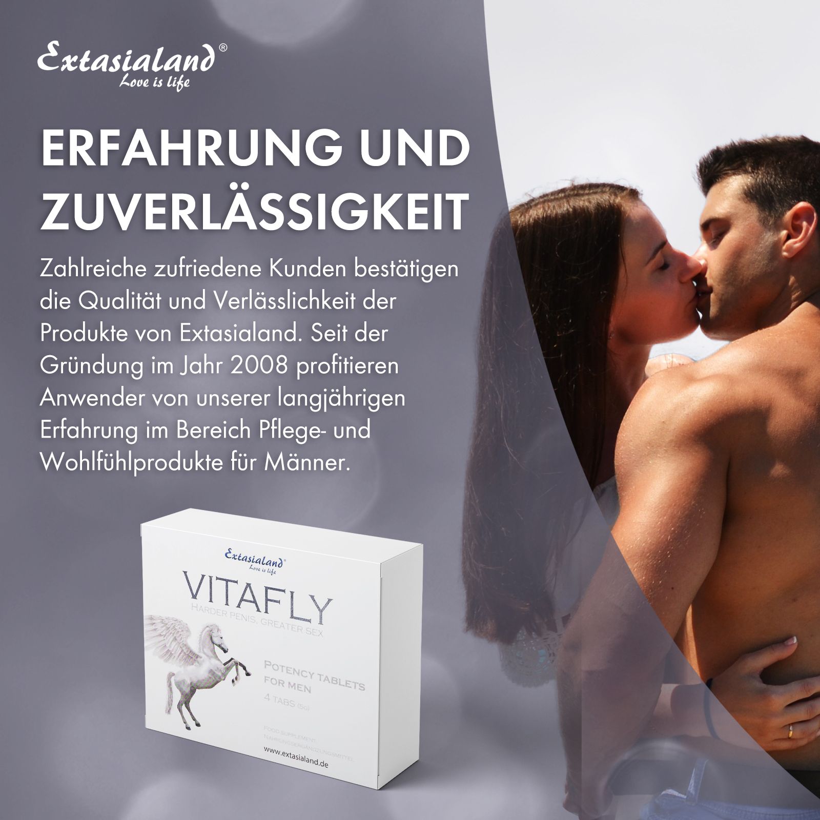 Paar küsst sich. VitaFly-Schachtel. Text: « Erfahrung und Zuverlässigkeit ».