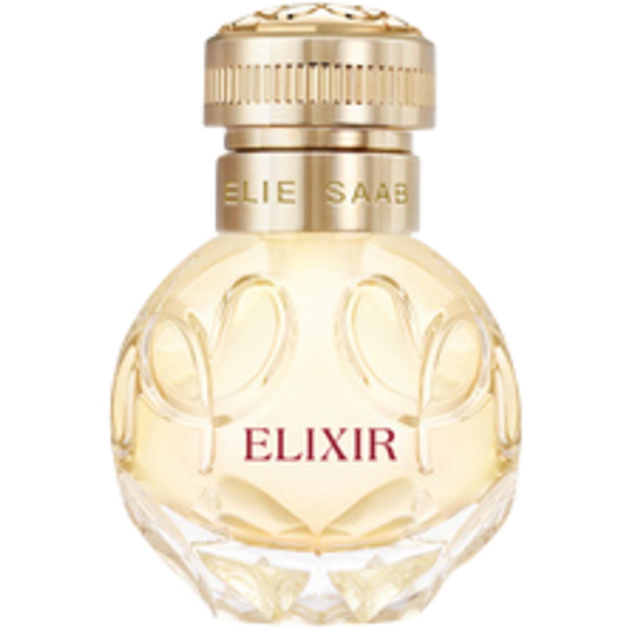 Elie Saab Elixir EdP Flakon. Goldfarbener Verschluss. Schriftzug Elixir. Transparenter, runder Flakon.