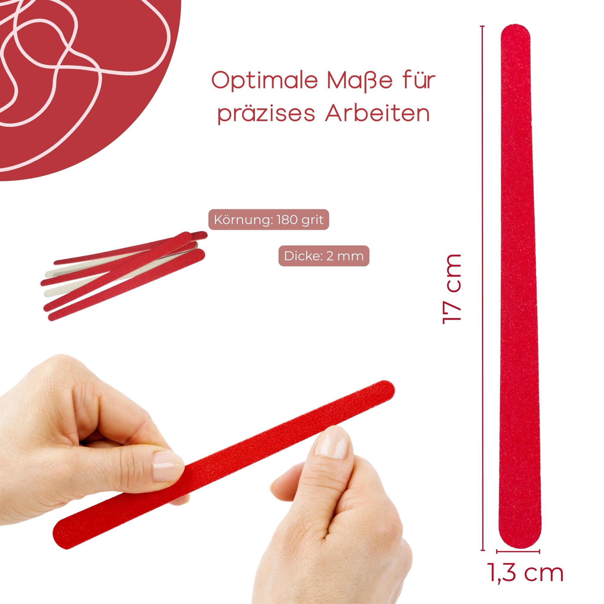 Rote Nagelfeile mit Körnung 180, Dicke 2 mm, Länge 17 cm, Breite 1,3 cm.