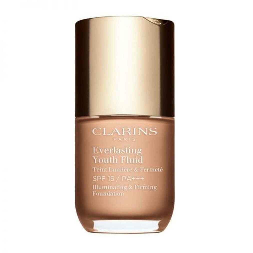 EVERLASTING YOUTH Flüssigkeit 107-beige. Glasflasche mit goldenem Deckel. Text: Clarins, Everlasting Youth Fluid, SPF 15/PA+++.