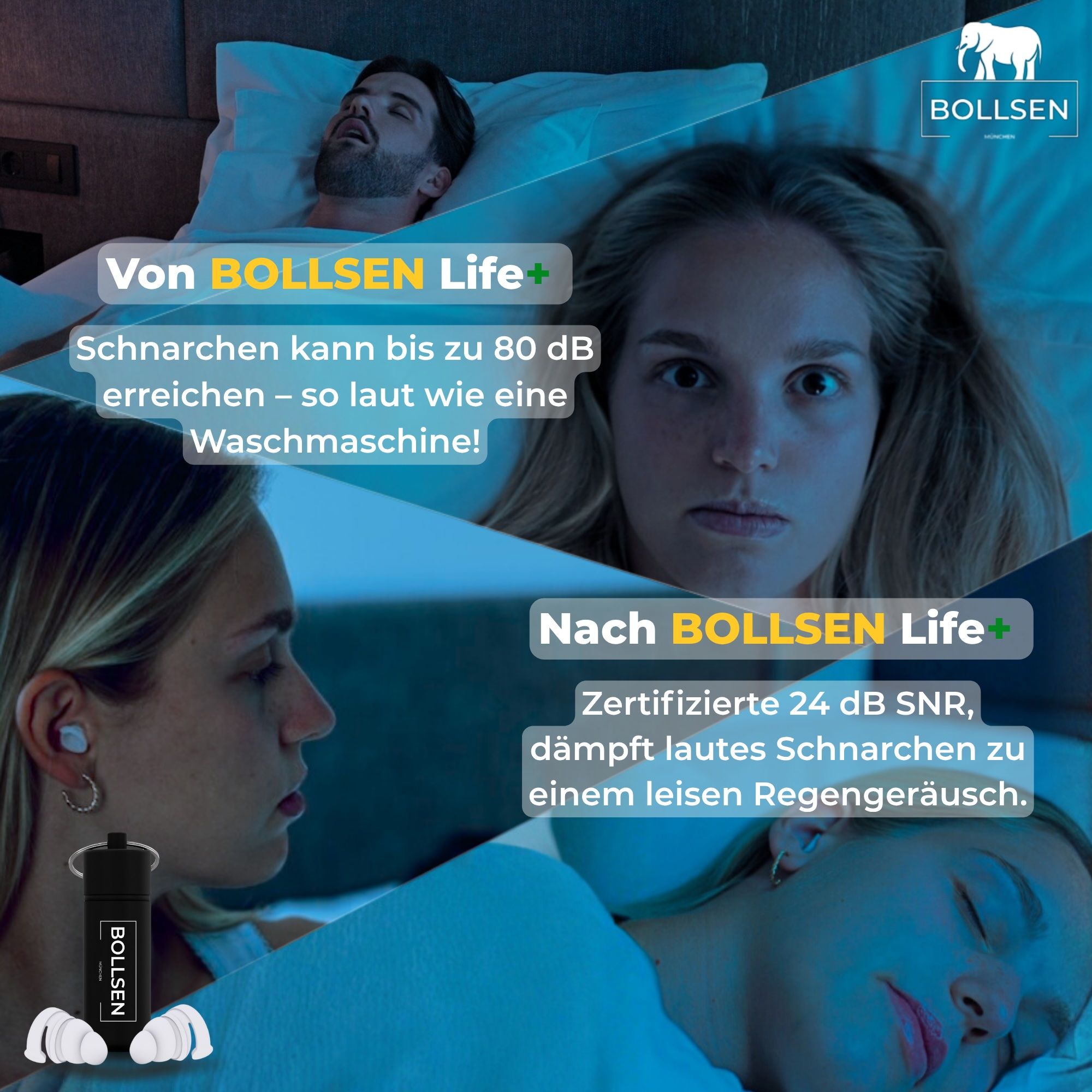 Vorher/Nachher: BOLLSEN Life+ Ohrstöpsel reduzieren Schnarchgeräusche um 24 dB SNR.