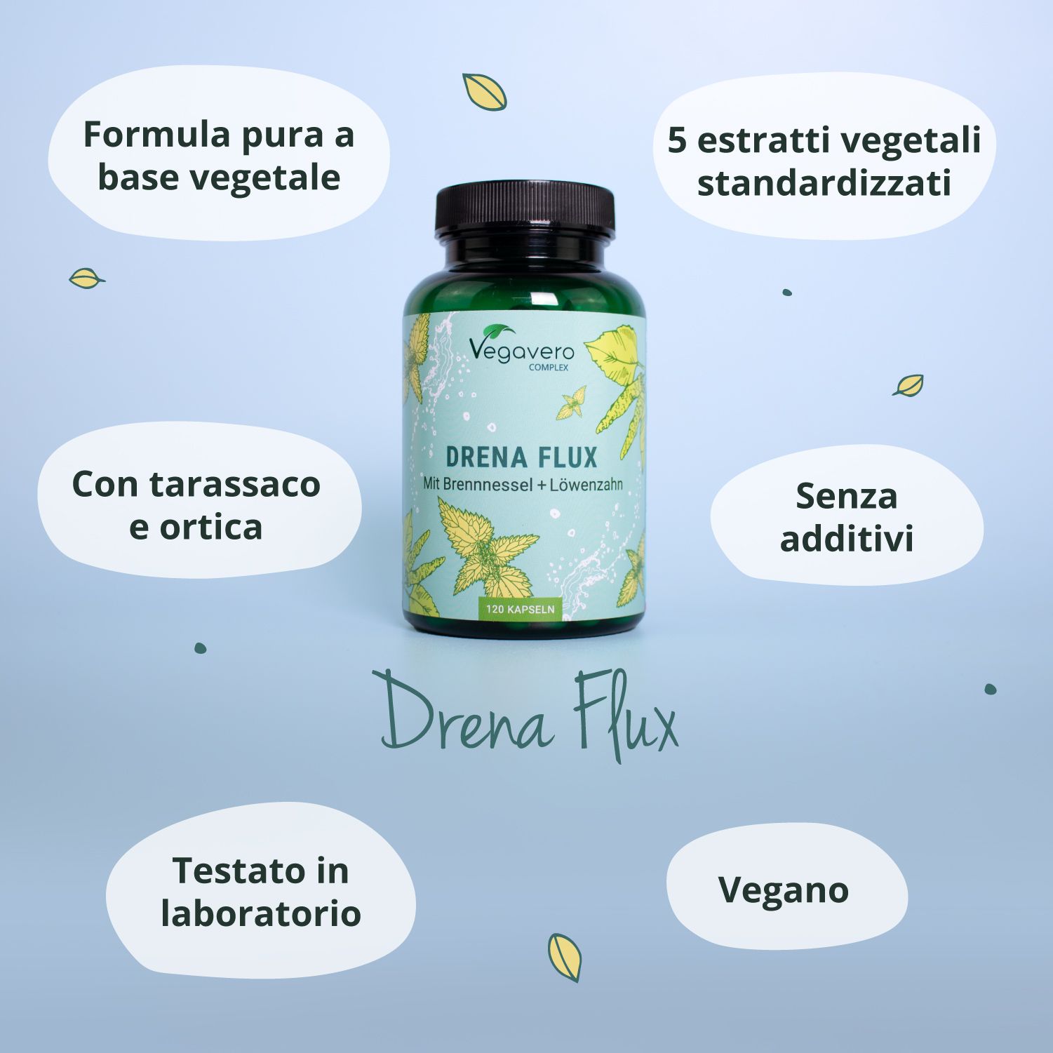 Flacone Drena Flux. Testo: Formula a base vegetale, 5 estratti standardizzati, senza additivi, vegano.