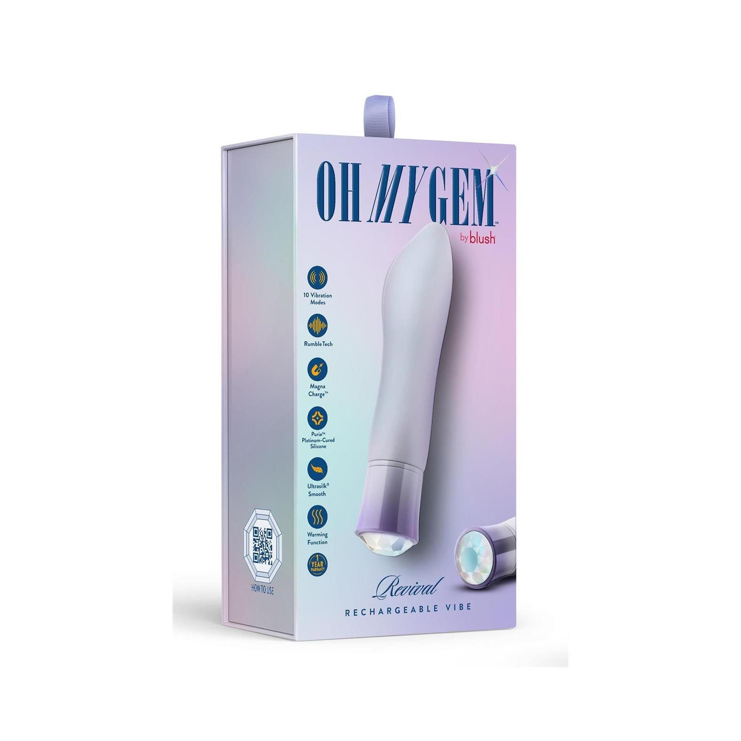 Verpackung mit Produktabbildung. Text: OH MY GEM, Blush, Revital, Rechargeable Vibe. Auf weißem Hintergrund.