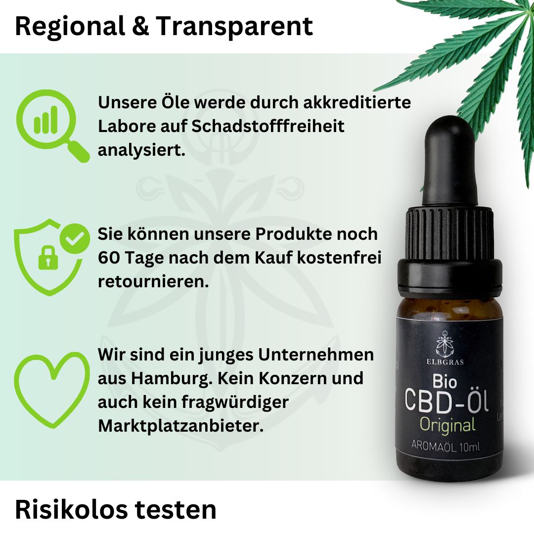 Glasflasche mit Pipette und Text. Text über Schadstofffreiheit, Rückgaberecht und Herkunft.