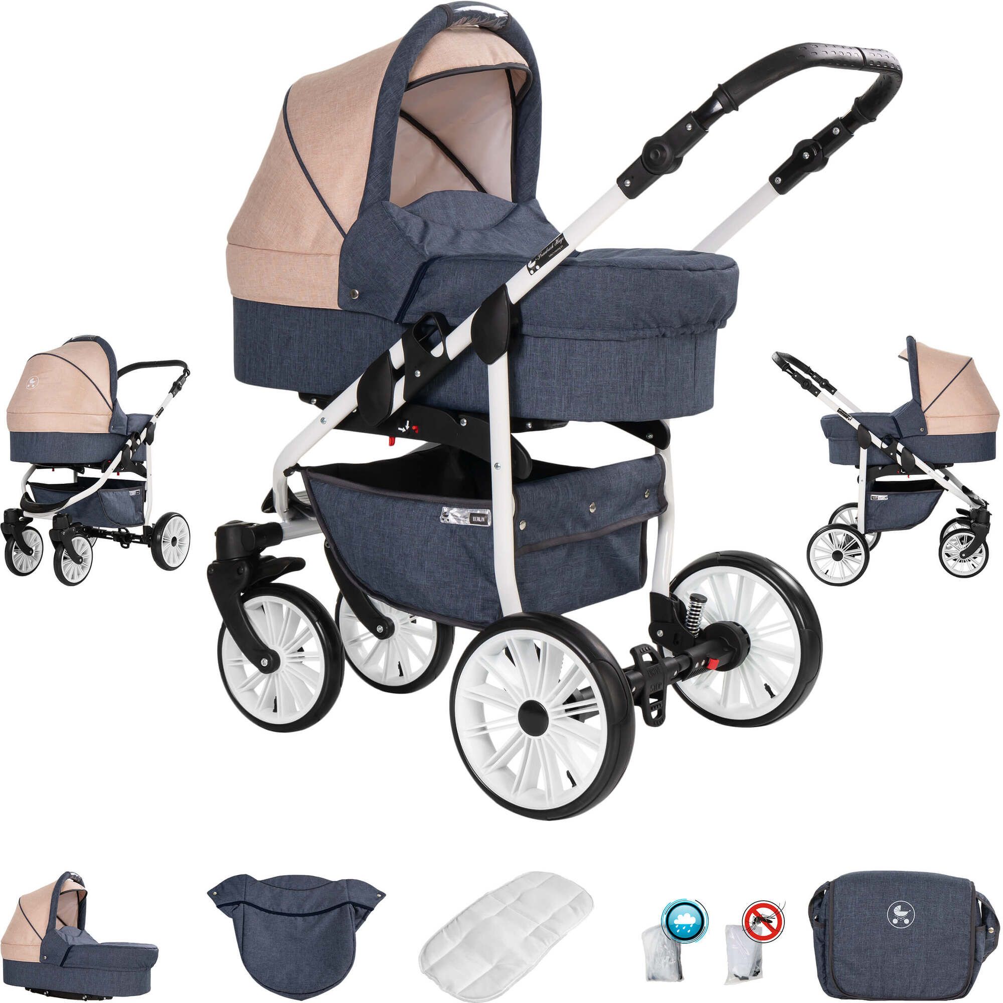 Friedrich Hugo Berlin 3 in 1 Kinderwagen mit Original Maxi Cosi, Gel Dark Blue and Beige Day
