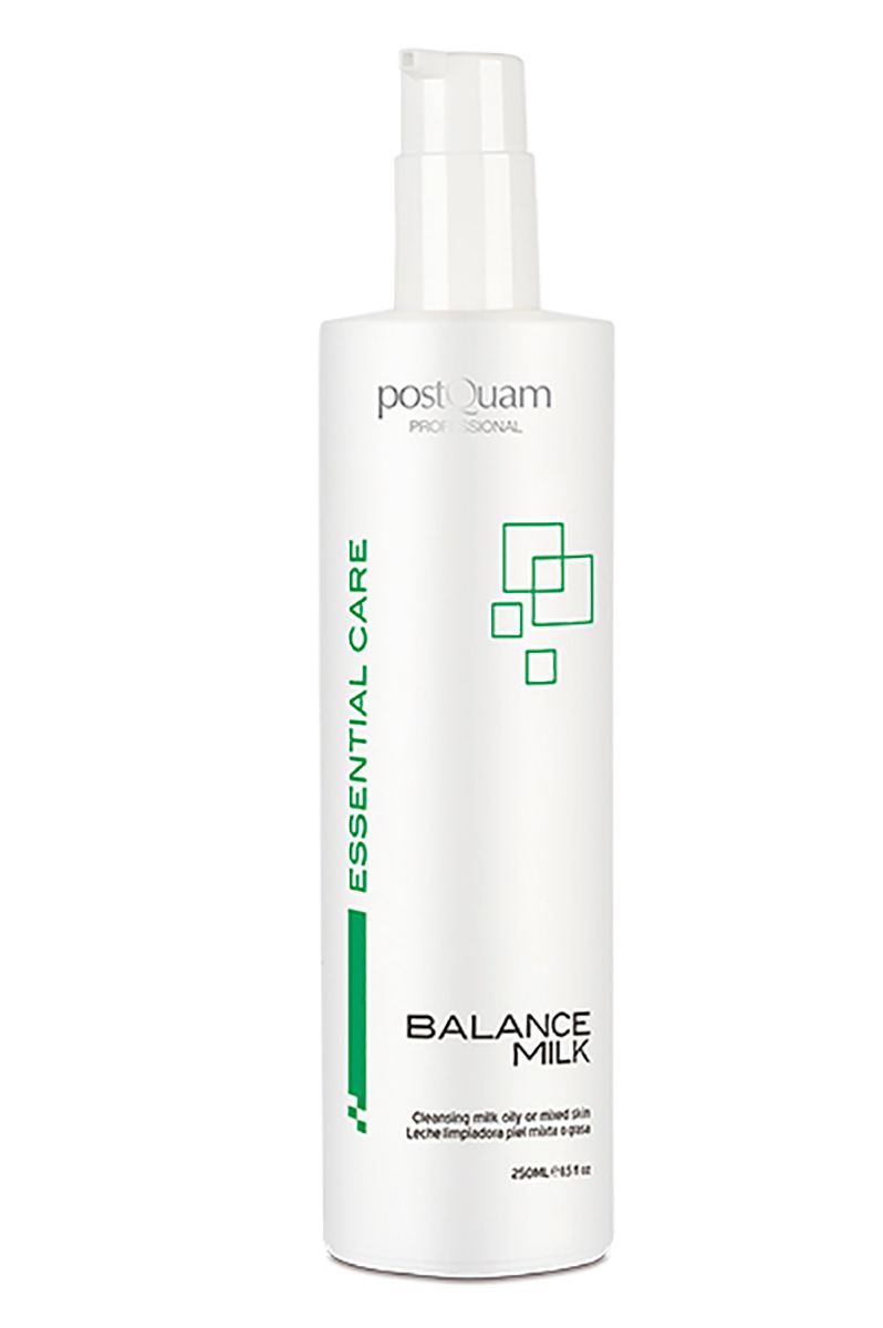 Weiße Flasche mit Pumpe. Aufschrift: Postquam, Essential Care, Balance Milk. Text: Reinigungsmilch für Mischhaut. Grüne Akzente.