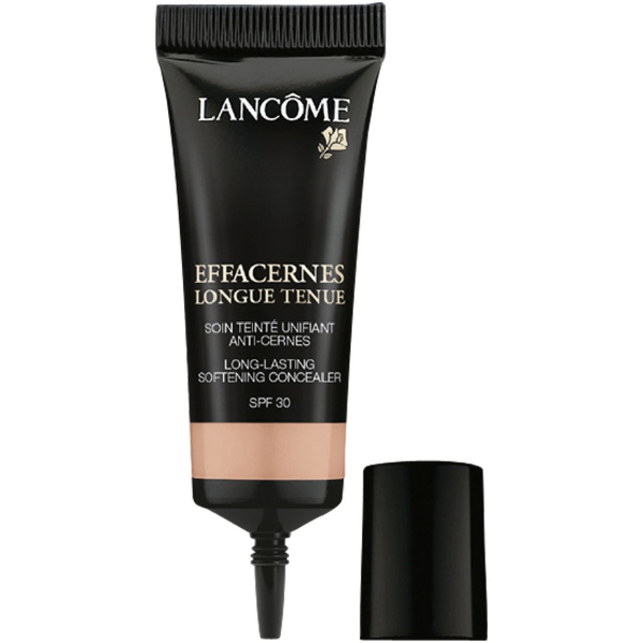Schwarze Tube mit Produkt und separater Kappe. Aufschrift: Lancôme, Effacernes Longue Tenue, SPF 30. Beige Produkt sichtbar.