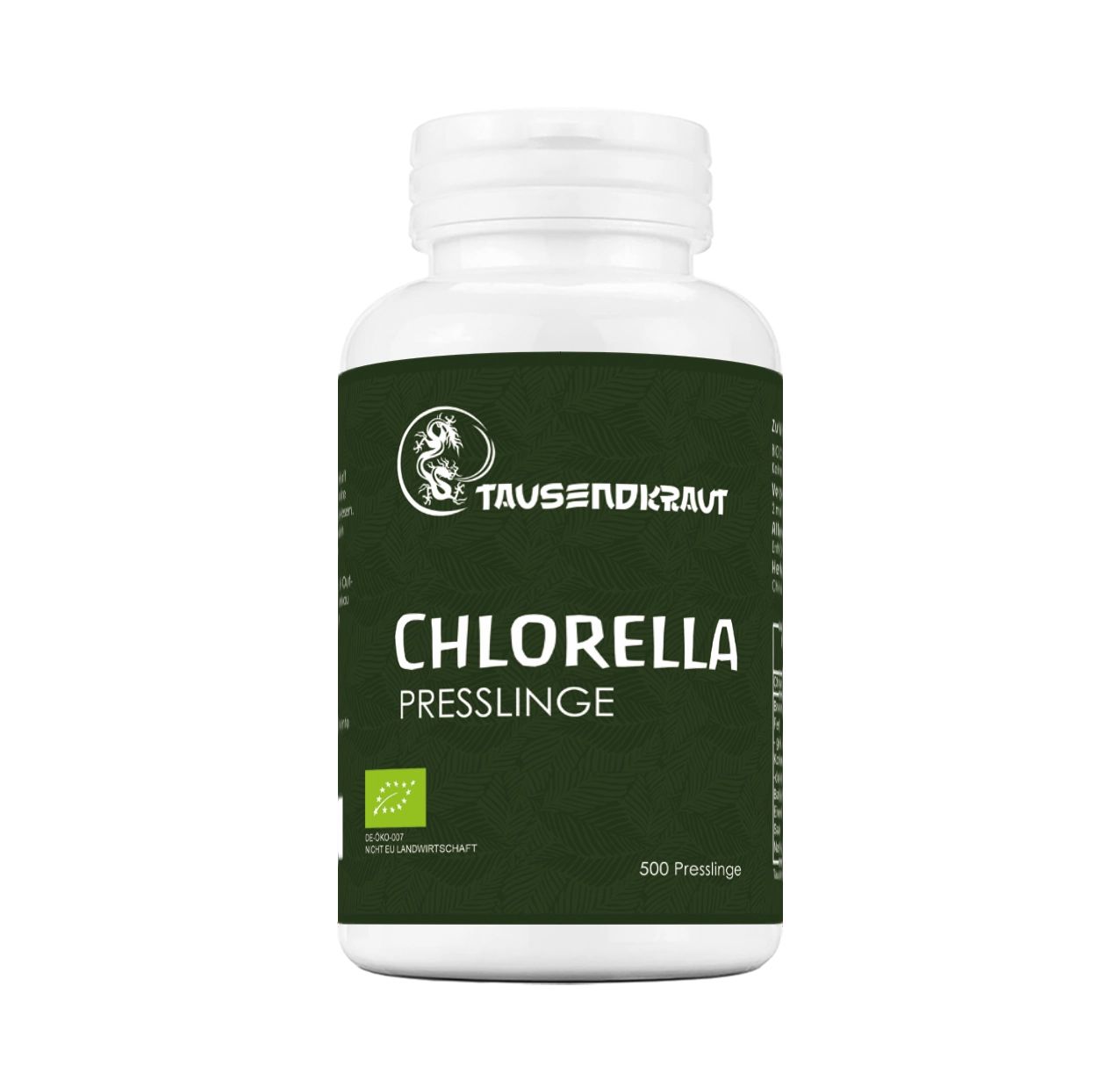 Weiße Flasche mit grünem Etikett. Aufschrift: Tausendkraut Chlorella Presslinge BIO. Bio-Siegel. 500 Presslinge.