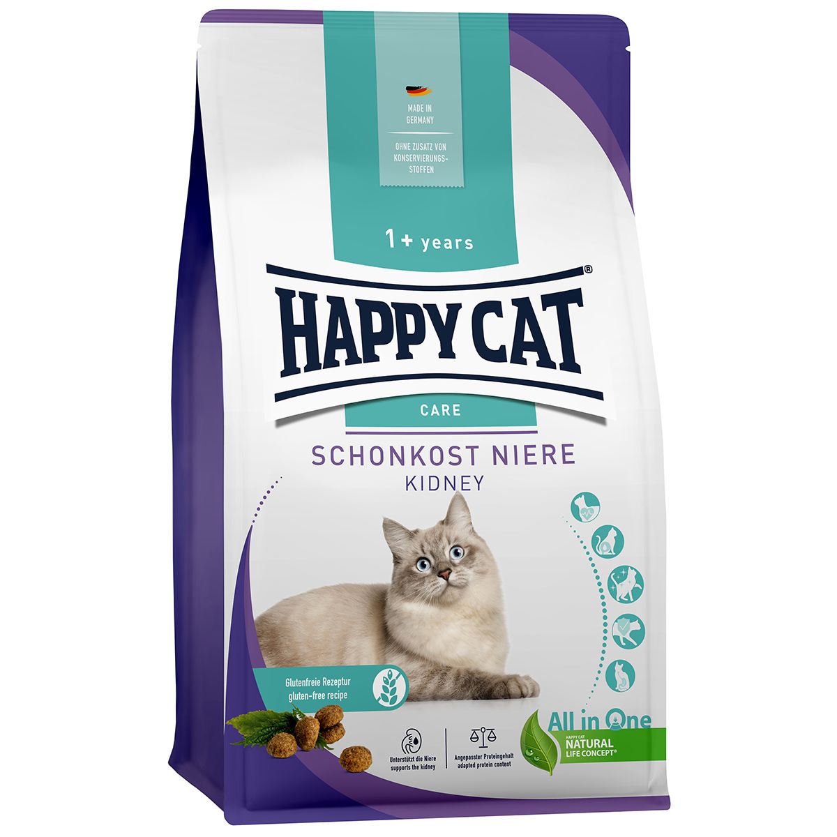 Happy Cat Schonkost Niere Katzenfutter-Packung mit Katze und Produktinformationen.