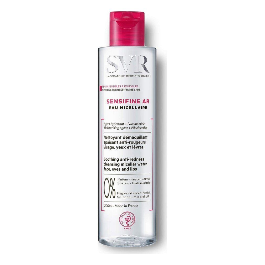 SVR Sensifine AR Mizellenwasser. Weiße Kappe, transparente Flasche. Rosa Schrift. Aufschrift: Sensifine AR.