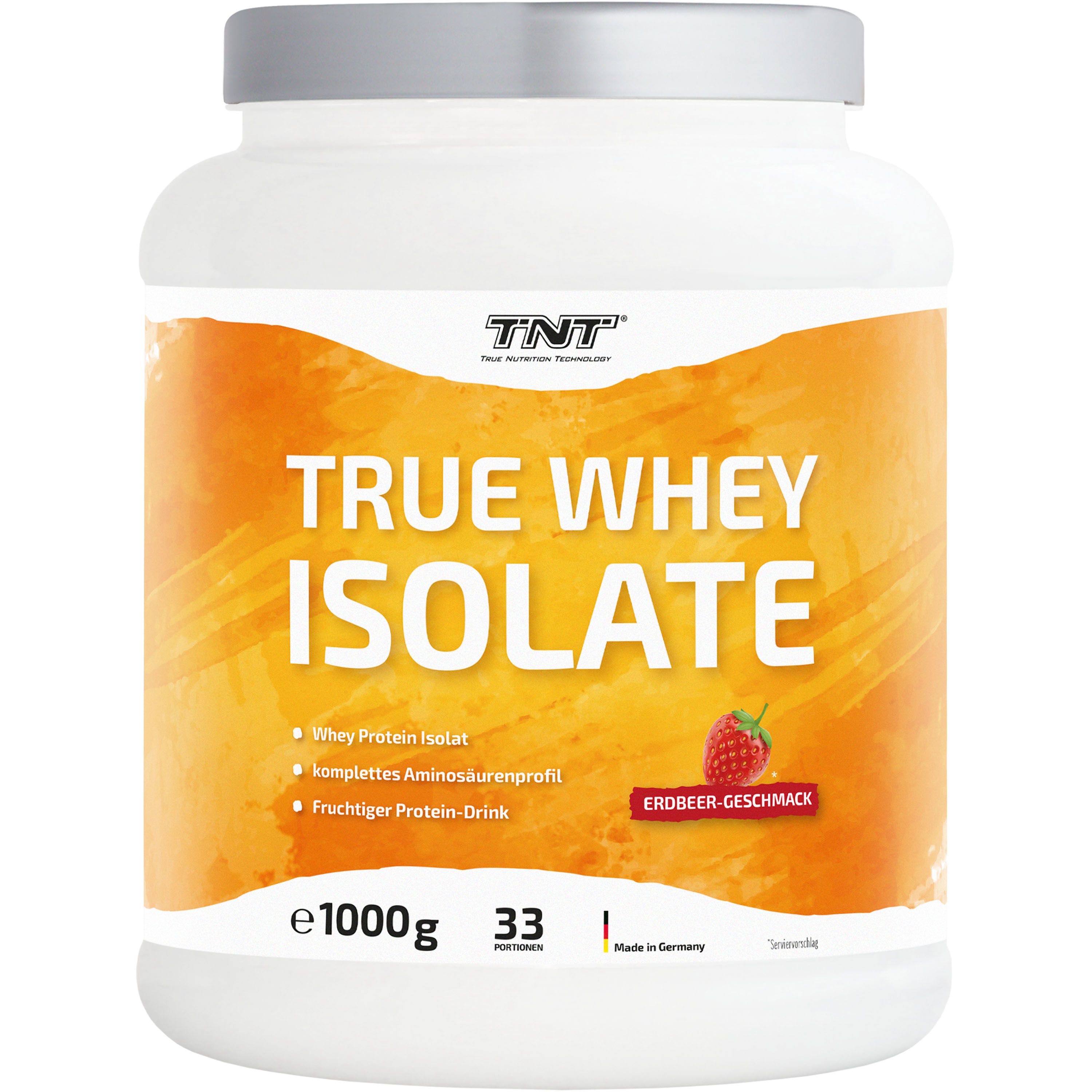 Weißer Proteinpulver-Behälter mit orangefarbenem Etikett. Text: TRUE WHEY ISOLATE, Erdbeer-Geschmack.