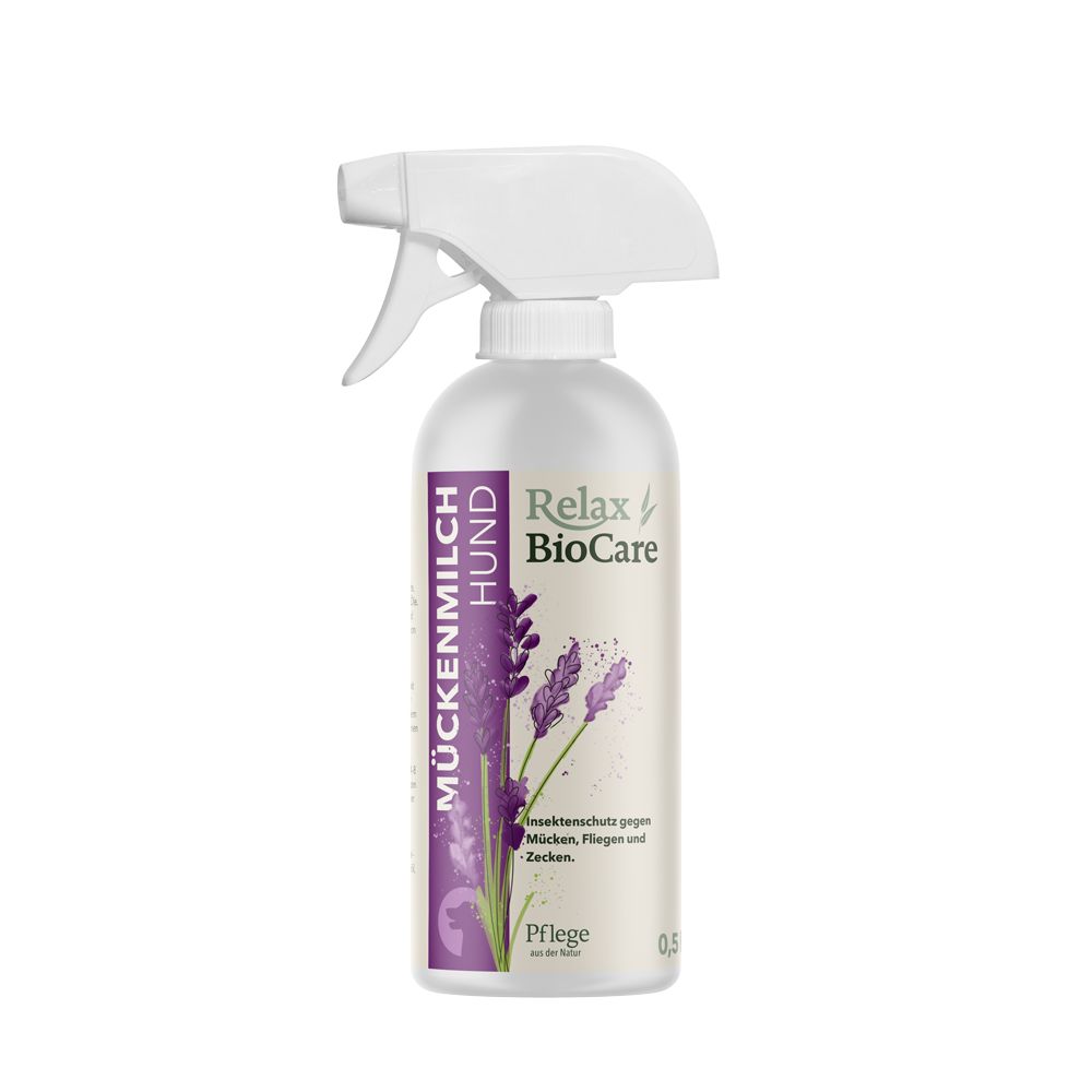 Flasche mit Sprühkopf. Aufschrift: Relax BioCare Mückenmilch Hund. Lavendel-Illustration. Text: Insektenschutz gegen Mücken, Fliegen und Zecken.