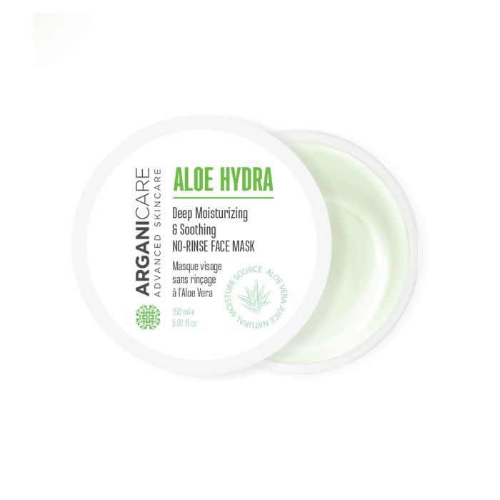 Runde, weiße Dose mit grünem Deckel. Aufschrift: ARGANICARE, ALOE HYDRA, NO-RINSE FACE MASK. Inhalt: grüne Gesichtsmaske.