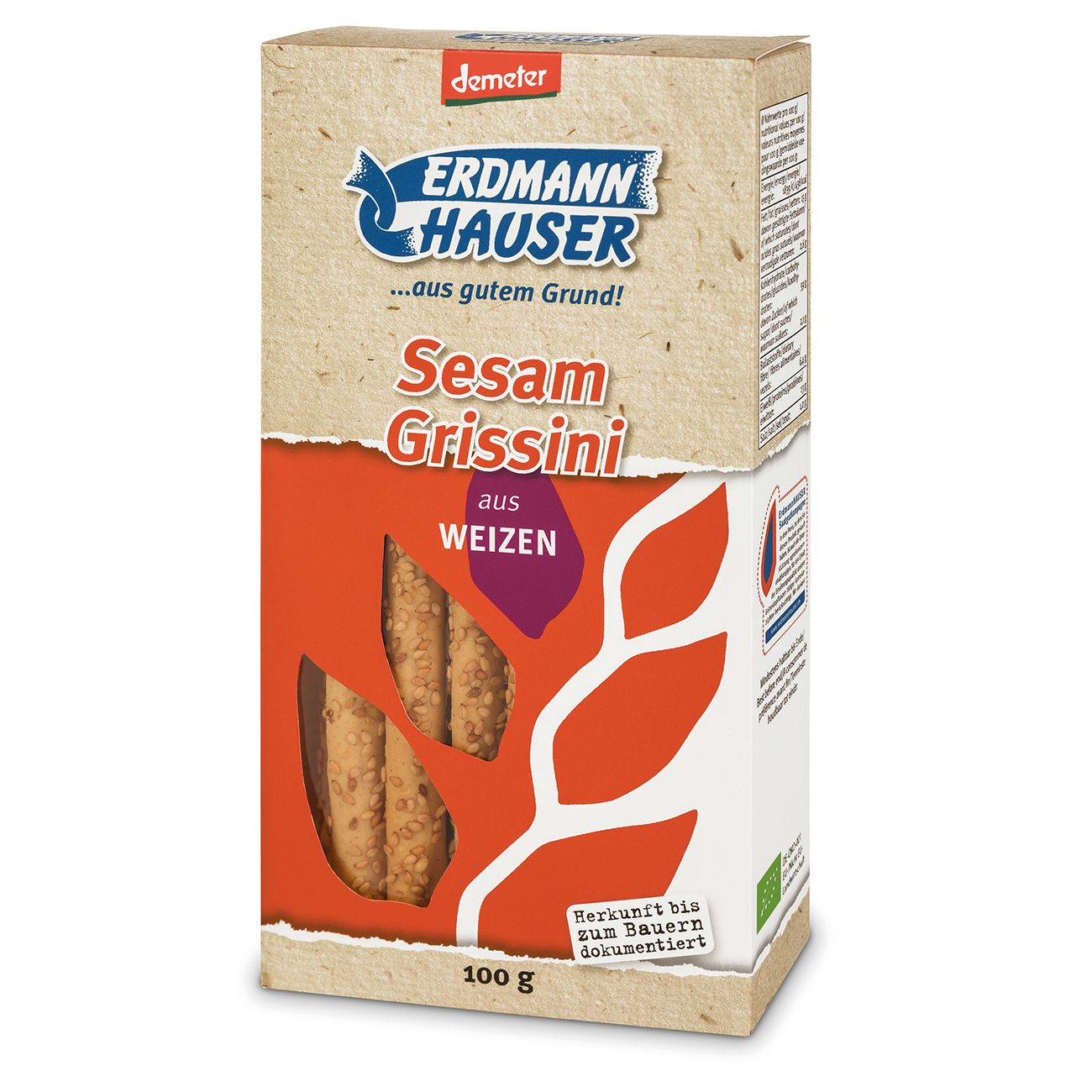 Verpackung mit Sesam Grissini aus Weizen. Aufdrucke: Demeter, Erdmann Hauser, Sesam Grissini, 100 g.