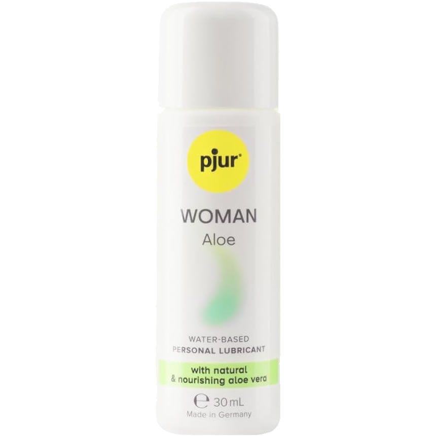 Weiße Flasche mit gelbem Etikett. Aufschrift: pjur WOMAN Aloe. Enthält 30ml. Wasserbasiertes Gleitmittel.