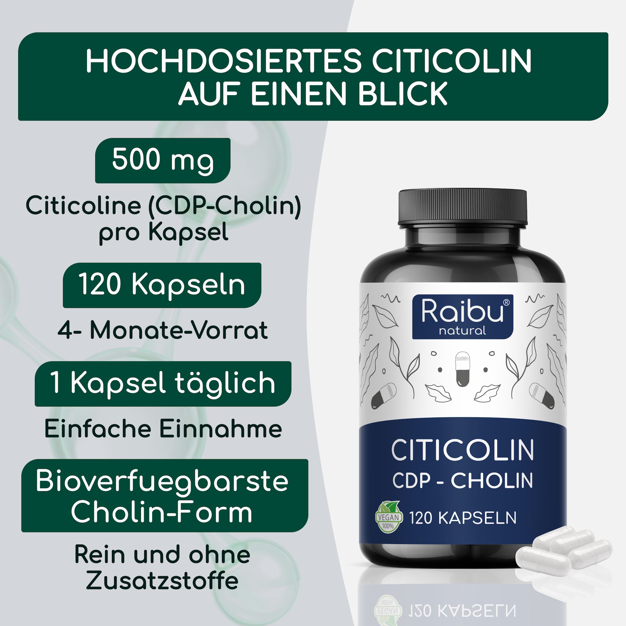 Flasche Citicolin CDP-Cholin, 120 Kapseln, 500 mg pro Kapsel, vegan. Daneben Kapseln und Text.