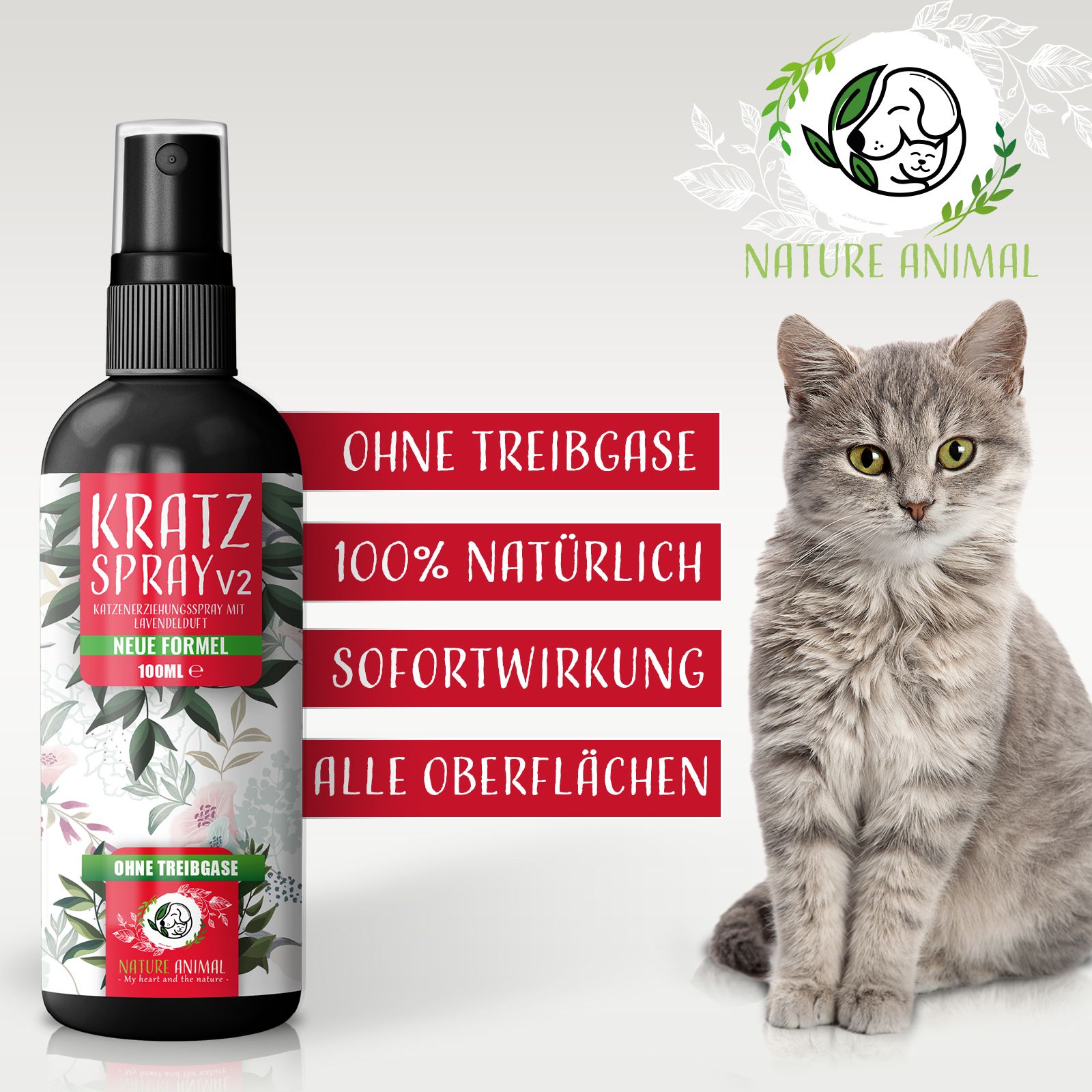 Produkt neben Katze. Schwarze Sprühflasche mit Aufschrift: KRATZ SPRAY V2, NEUE FORMEL, 100ml. Text: OHNE TREIBGASE, 100% NATÜRLICH, SOFORTWIRKUNG, ALLE OBERFLÄCHEN.