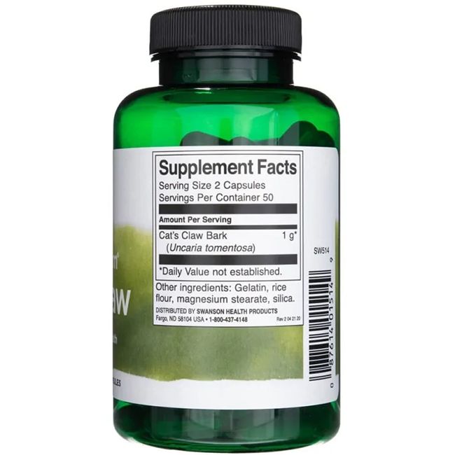 Rückseite einer grünen Flasche. Etikett mit Nährwertangaben. Enthält Katzenkralle, Gelatine, Reismehl, Magnesiumstearat, Kieselsäure.